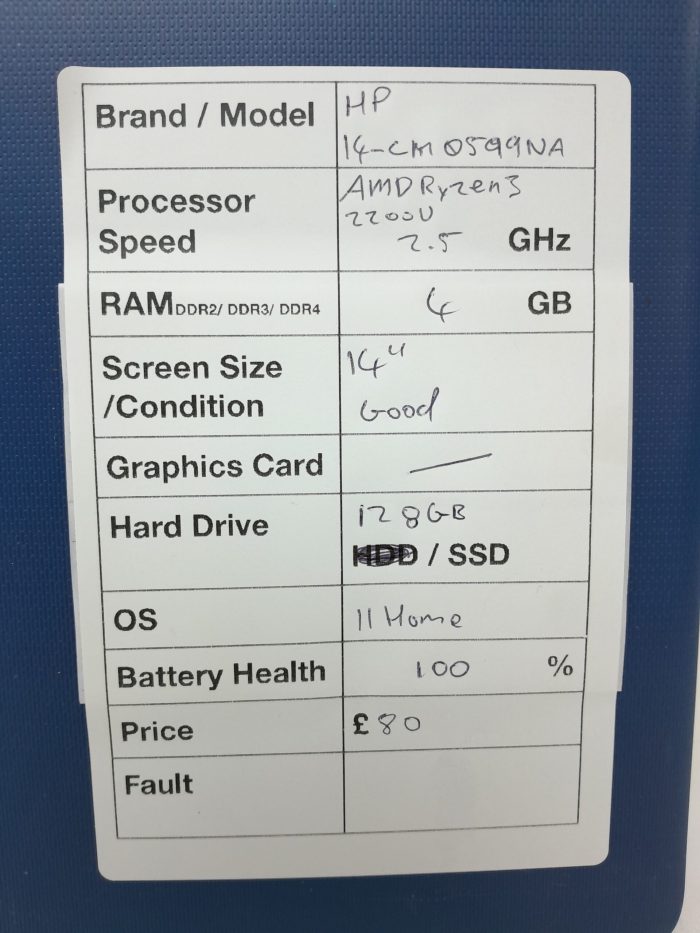 HP Windows Laptop 14-CM0599NA - AMD Ryzen 3 2200U @ 2.5GHz - 4GB RAM - 14" - 128GB SSD - Windows 11 Home - Image 3