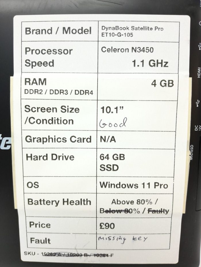 Dynabook Tablet with Keyboard Satellite Pro ET10-G-105 - Celeron N3450 @ 1.1GHz - 4GB RAM - 10.1" - 64GB SSD - Windows 11 Pro - Image 3