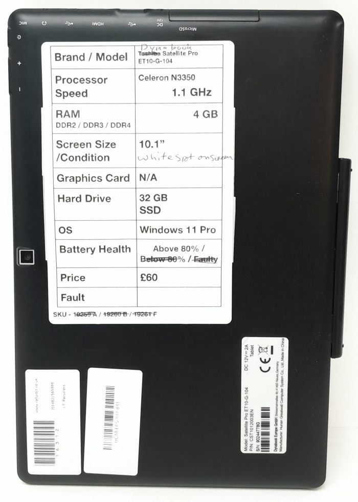 Dynabook Tablet with Keyboard Satellite Pro ET10-G-104 - Celeron N3350 @ 1.1GHz - 4GB RAM - 10.1" - 32GB SSD - Windows 11 Pro - Image 4