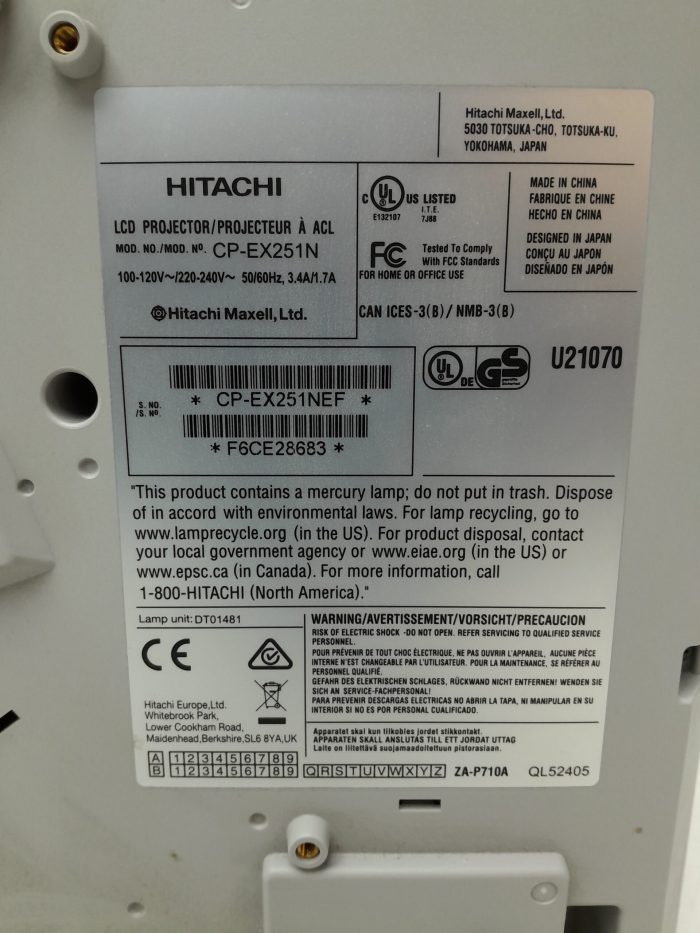 Hitachi HDMI VGA Projector with 181 Lamp Hours Used CP-EX251N - Image 3