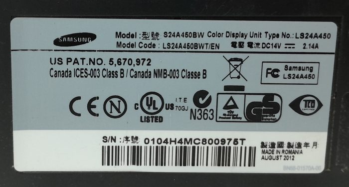 Samsung 24" Monitor DVI VGA Color Display Unit SyncMaster SA450 (S24A450BW) - Image 3