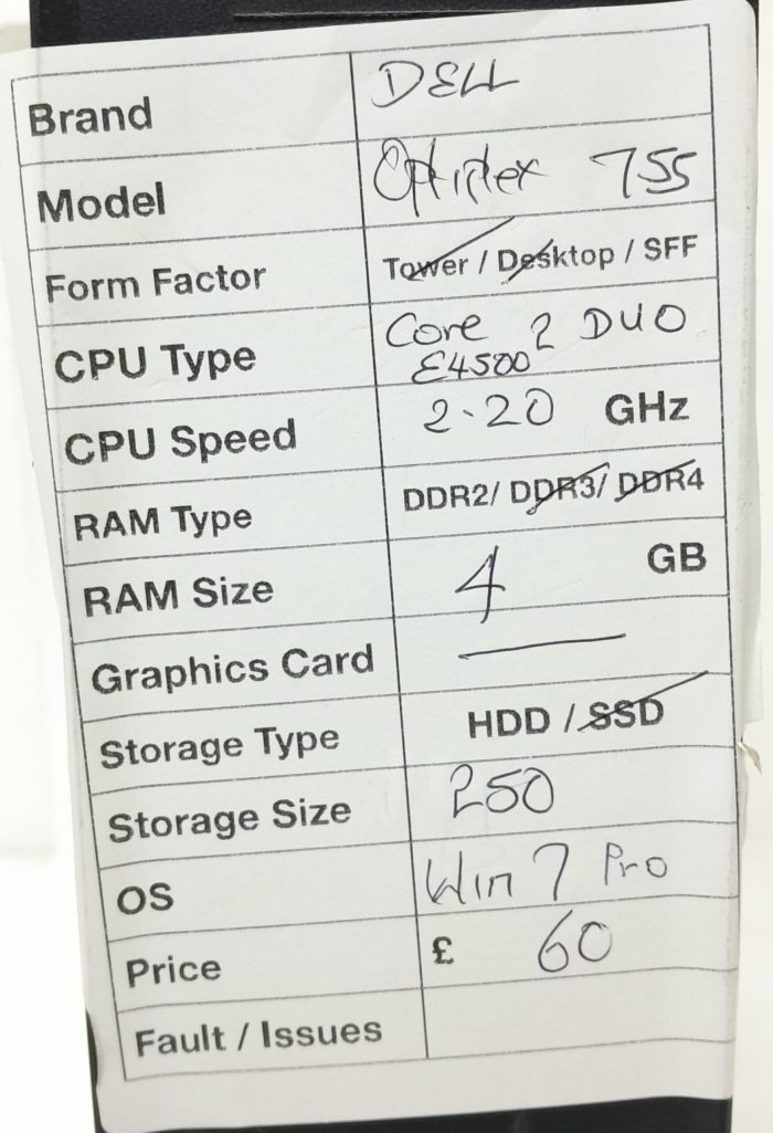 Dell Windows Desktop PC SFF Optiplex 755 - Core 2 Duo E4500 2.20GHz  - 4GB RAM - 250GB HDD - Windows 7 Pro - Image 3