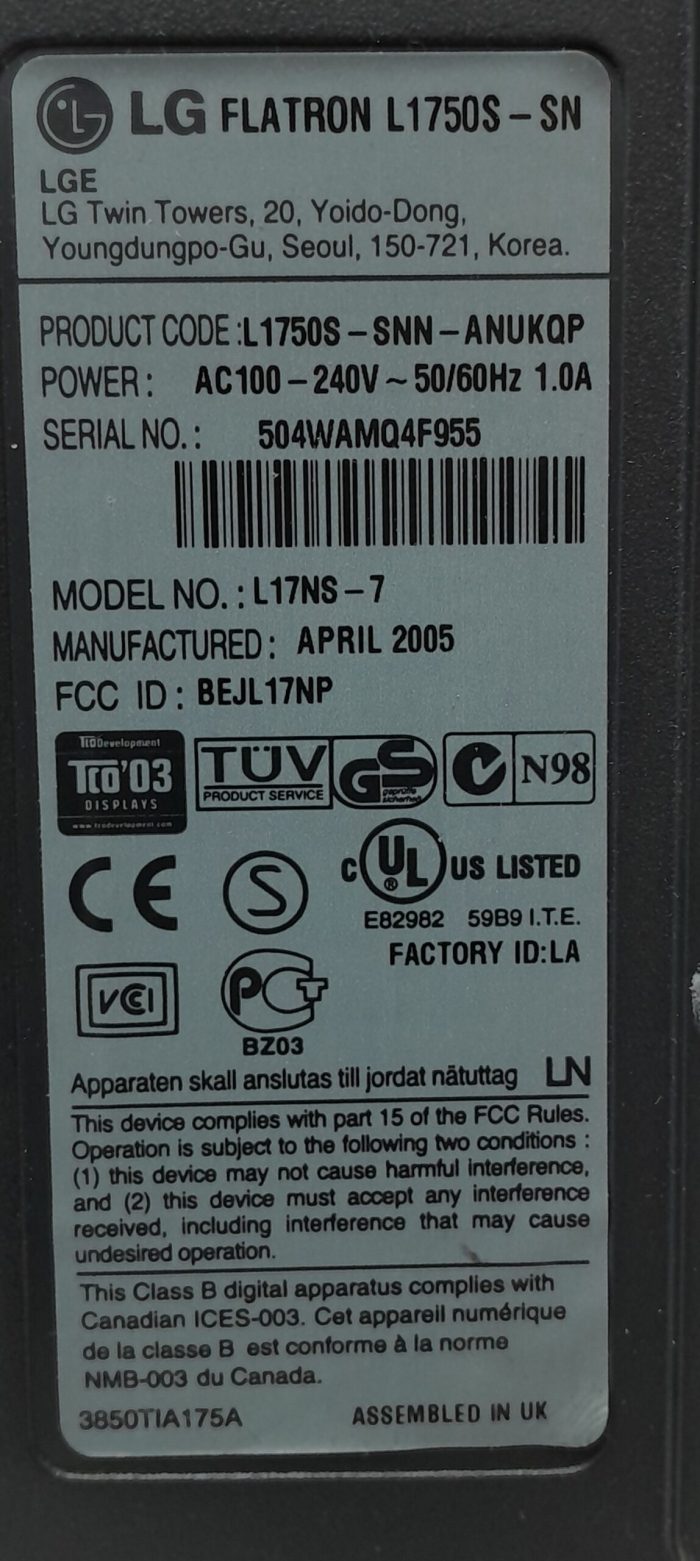 LG 17" VGA Monitor Flatron L1750S (L17NS-7) - Image 3