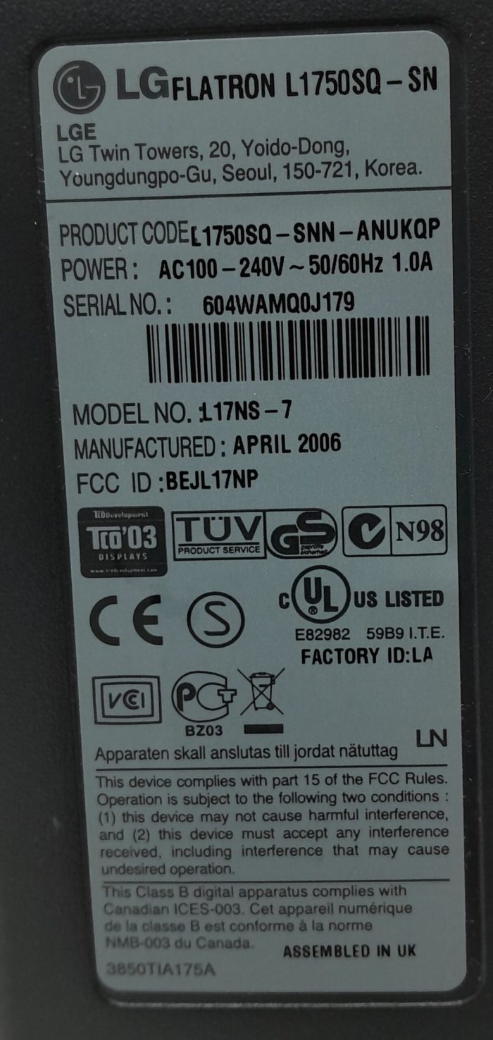 LG 17" VGA Monitor Flatron L1750SQ (L17NS-7) - Image 3