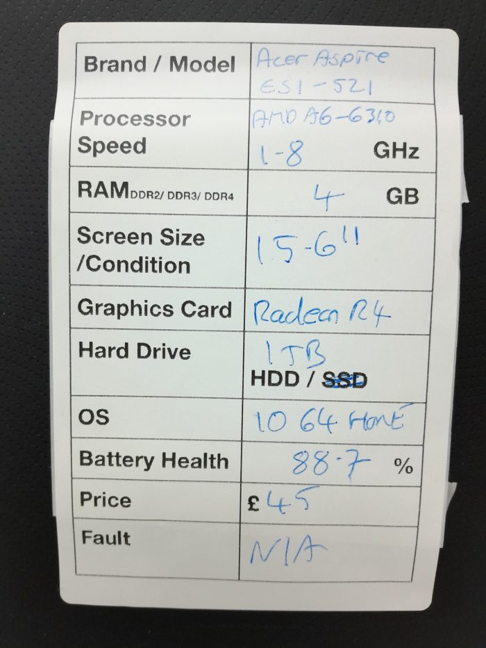 Acer Windows Laptop	ES1-520/ES1-521/ES1-522 Series N15C4 - AMD A6-6310 @ 1.8GHz - 4GB RAM - 15.6" - 1TB HDD - Windows 10 64 Home - Image 3