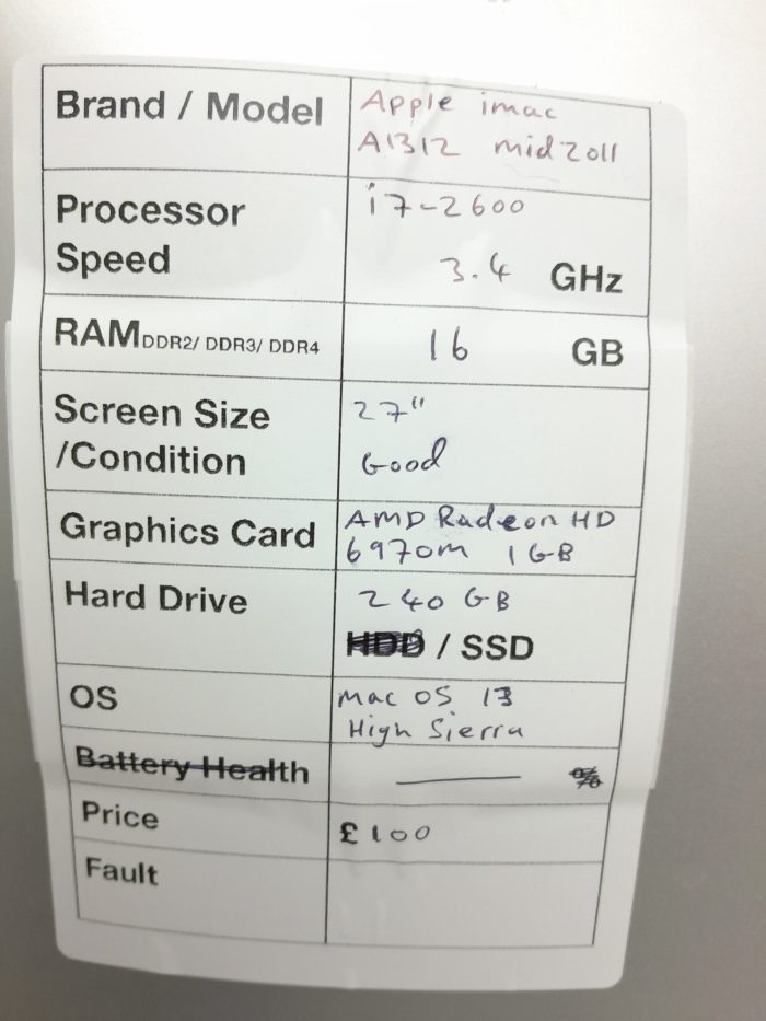 Apple iMac A1312 - i7-2600 @ 3.4GHz - 16GB Ram - 27" - 240GB SSD - High Sierra 13 Mid 2011 - Image 3