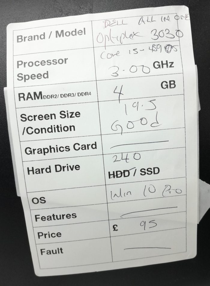 Dell All In One PC OptiPlex 3030 - Core i5-4590S @ 3.00GHz - 4GB Ram - 19.5" - 240GB SSD - Windows 10 Pro - Image 3