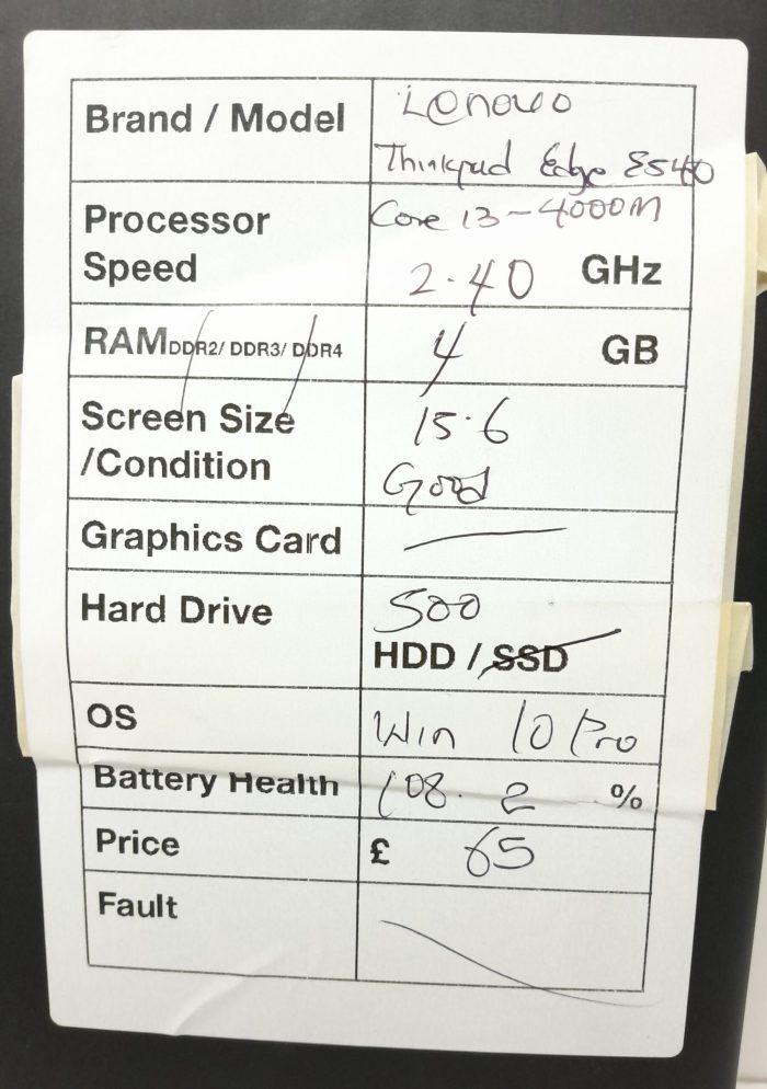 Lenovo Windows Laptop PC ThinkPad Edge E540 - Core i3-4000M @ 2.40GHz - 4GB RAM - 15.6" - 500GB HDD - Windows 10 Pro - Image 3