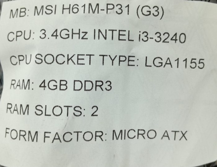 MSI Motherboard i3-3240 With I/O Shield H61M-P31 (G3) LGA1155 DDR3 MICRO ATX - Image 3