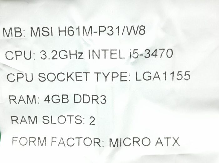 MSI Motherboard With I/O Shield H61M-P31/W8 LGA1155 DDR3 MICRO ATX - Image 3