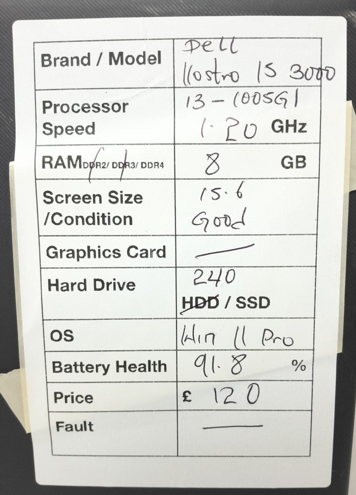 Dell Windows Laptop PC Vostro 15 3000 (3501) - i3-1005G1 @ 1.20GHz - 8GB RAM - 15.6" - 240GB SSD - Windows 11 Pro - Image 3