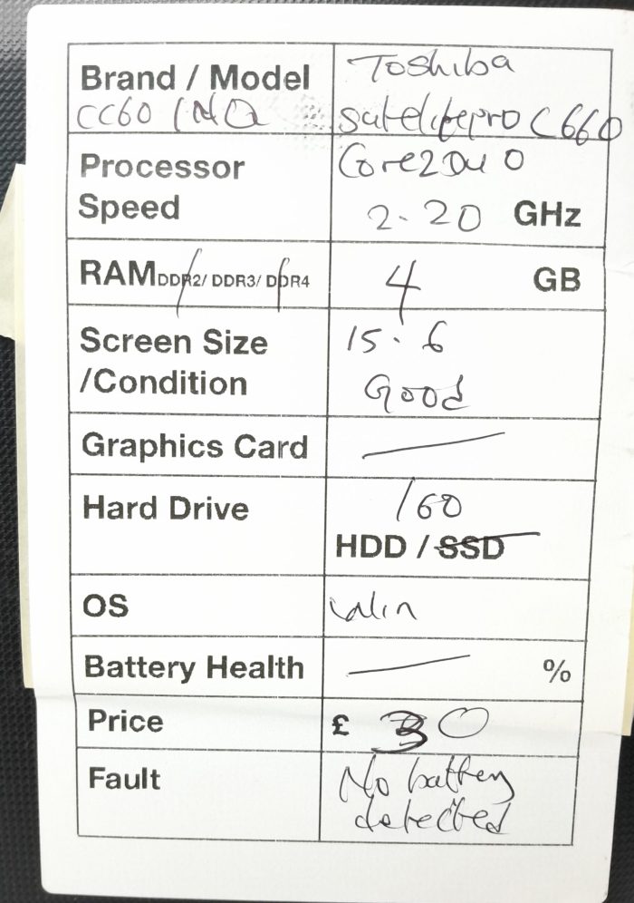 Toshiba Windows Laptop PC Satellite Pro C660-1NQ - Core 2 Duo @ 2.20GHz - 4GB RAM - 15.6" - 160GB HDD - Windows 10 Pro - Image 3