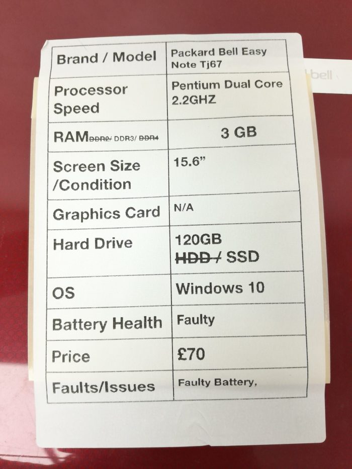 Packard Bell Windows Laptop PC EasyNote TJ67 MS2273 - Pentium Dual Core @ 2.2GHz - 3GB RAM - 15.6" - 120GB SSD - Windows 10 - Image 3