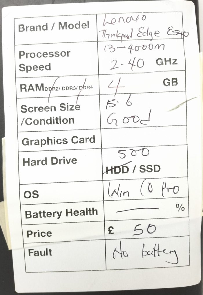 Lenovo Windows Laptop PC ThinkPad Edge E540 - i3-4000M @ 2.40GHz - 4GB RAM - 15.6" - 500GB SSD - Windows 10 Pro - Image 3