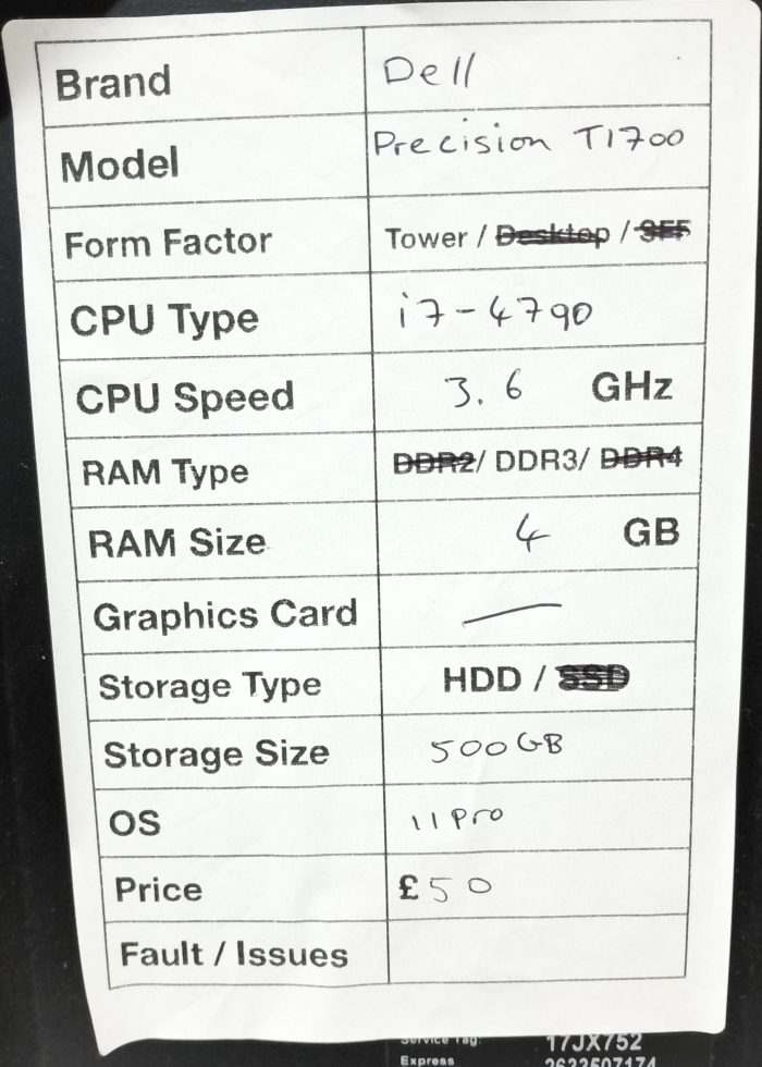 Dell Windows Tower PC Precision T1700 - i7-4790 3.6GHz - 4GB RAM - 500GB HDD - Windows 11 Pro - Image 3