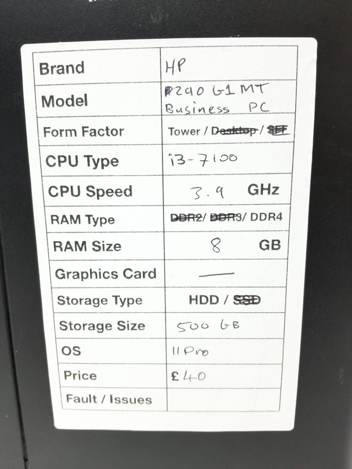 HP Windows Tower PC 290 G1 MT - i3-7100 3.9GHz - 8GB RAM - 500GB HDD - Windows 11 Pro - Image 3