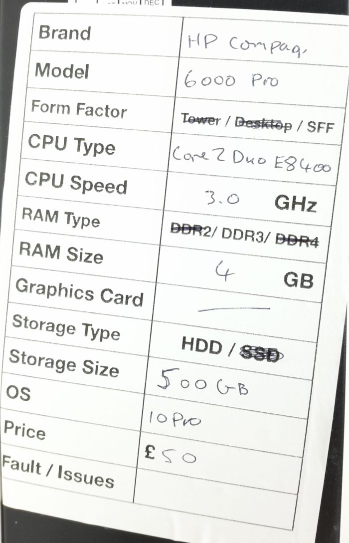 HP Windows SFF PC Compaq 6000 Pro - Core 2 Duo E8400 3.0GHz - 4GB RAM - 500GB HDD - Windows 10 Pro - Image 3