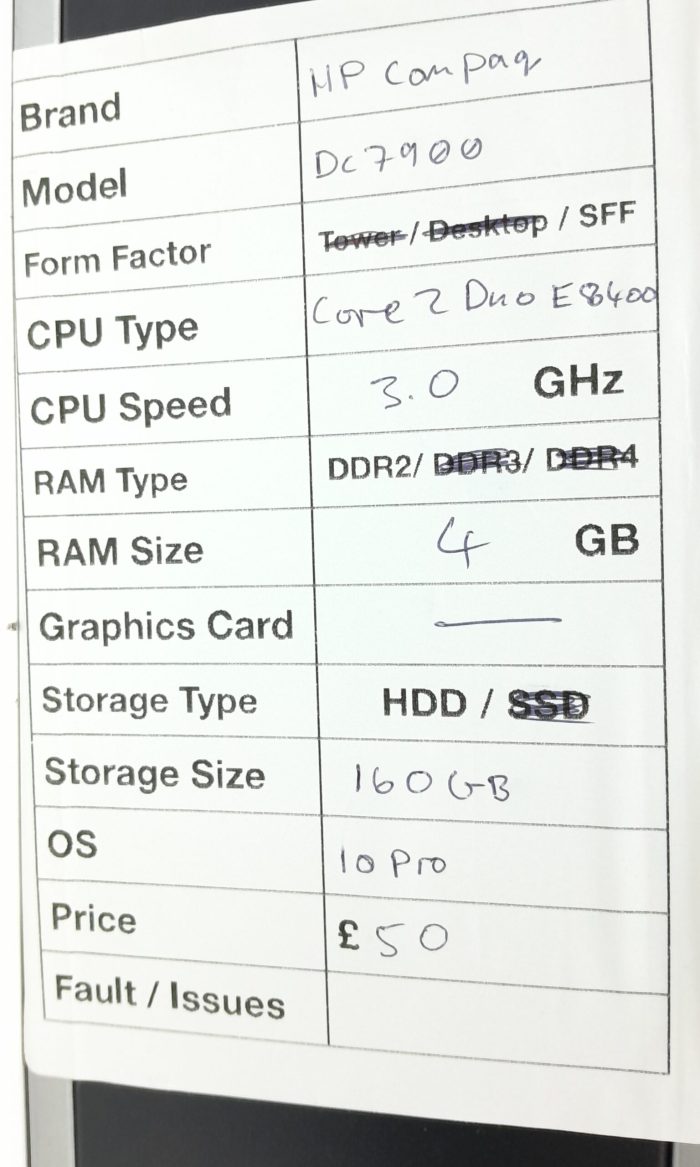 HP Windows SFF PC DC7900 - Core 2 Duo E8400 3.0GHz - 4GB RAM - 160GB HDD - Windows 10 Pro - Image 3