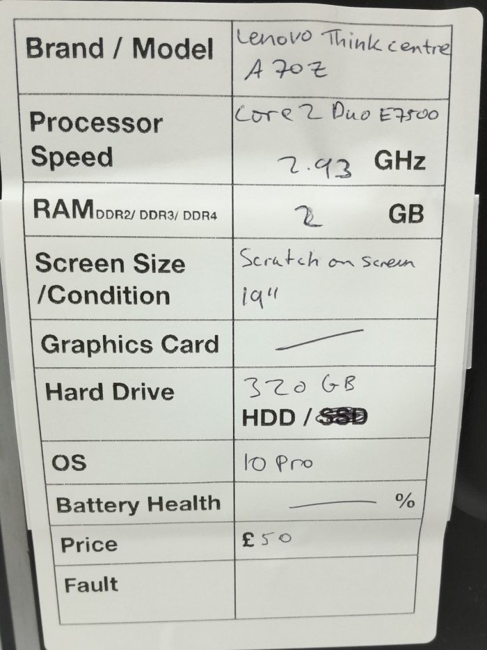 Lenovo All In One PC ThinkCentre A70Z - Core 2 Duo E7500 @ 2.93GHz - 2GB Ram - 19" - 320GB HDD - Windows 10 Pro - Image 3