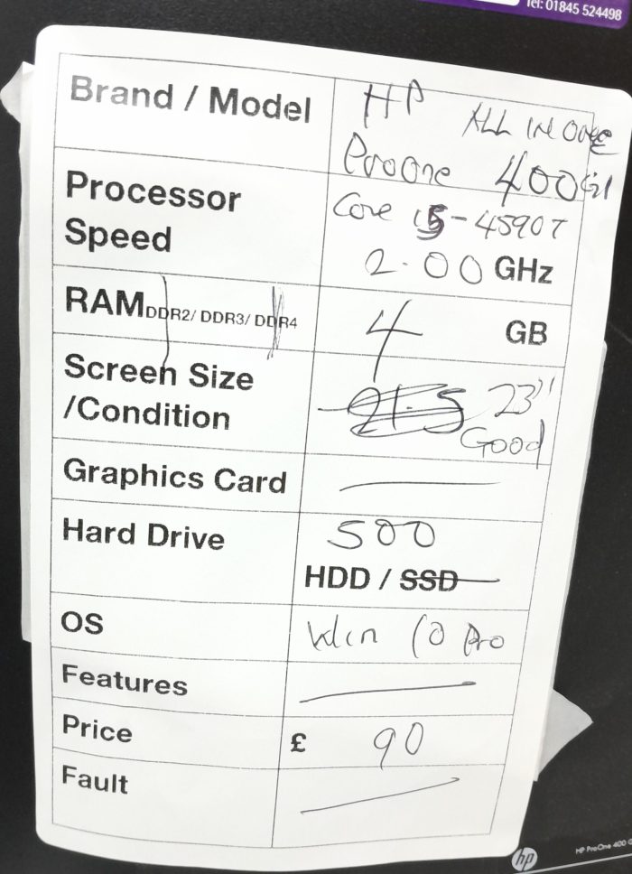 HP All In One PC ProOne 400 G1 - Core i5-4590T @ 2.00GHz - 4GB Ram - 23" - 500GB HDD - Windows 10 Pro - Image 3