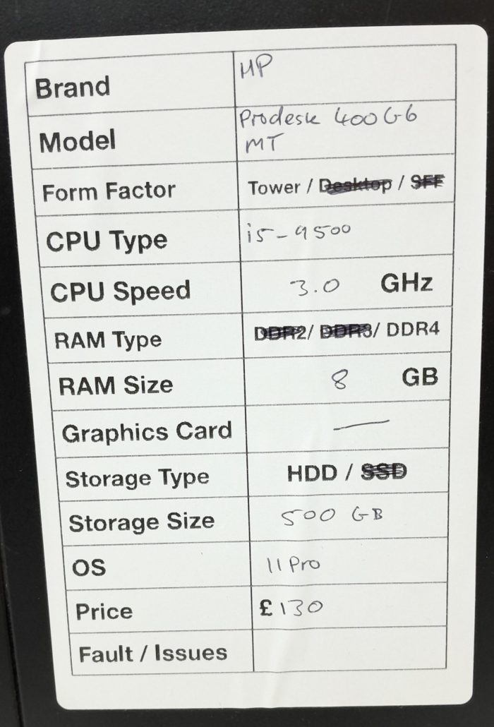 HP Windows Tower PC 400 G6 - i5-9500 3.0GHz  - 8GB RAM - 500GB HDD - Windows 11 Pro - Image 3