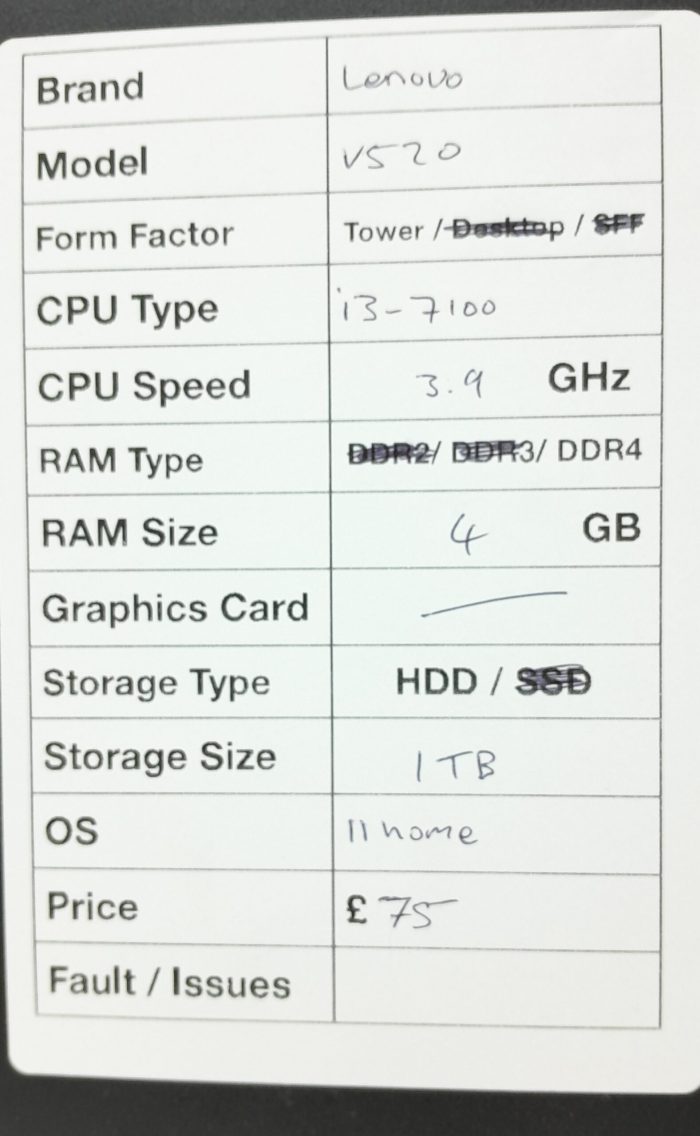 Lenovo Windows Tower PC V520-15IKL - i3-7100 3.9GHz  - 4GB RAM - 1TB HDD - Windows 11 Home - Image 3