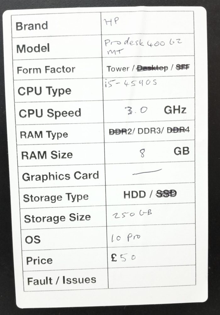 HP Windows Tower PC ProDesk 400 G2 - i5-4590S 3.0GHz  - 8GB RAM - 250GB HDD - Windows 10 Pro - Image 3