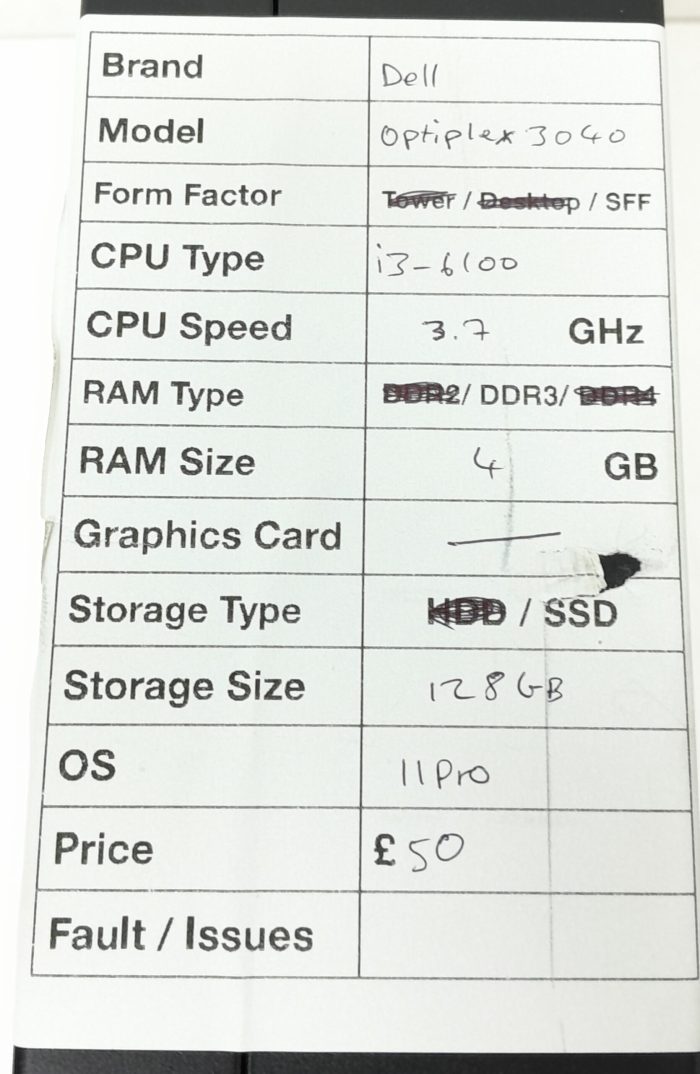 Dell Windows SFF PC Optiplex 3040 - i3-6100 3.7GHz  - 4GB RAM - 128GB SSD - 11 Pro - Image 3