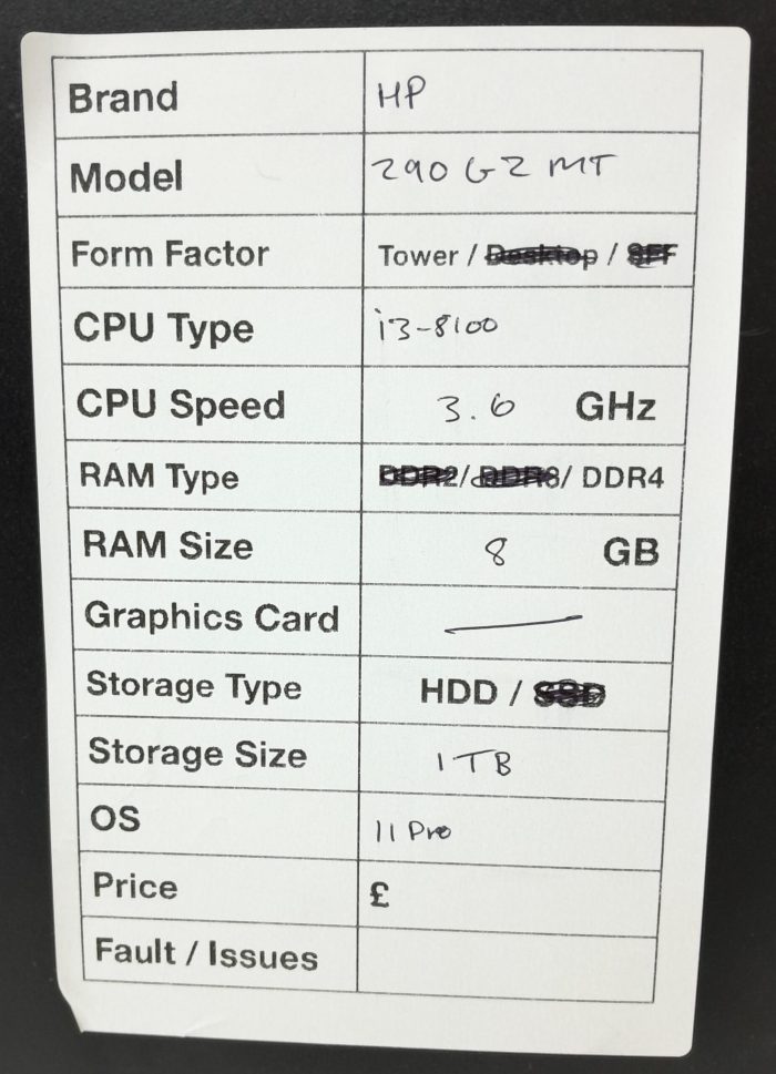 HP Windows Tower PC 290 G2 MT - i3-8100 3.6GHz  - 8GB RAM - 1TB HDD - 11 Pro - Image 4