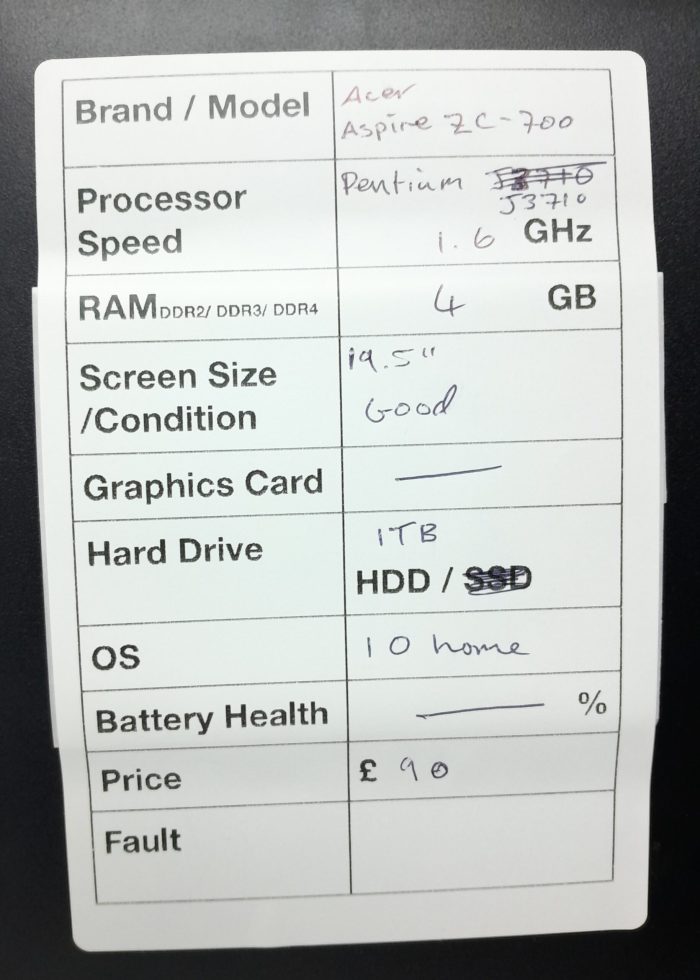 Acer Windows All in One PC Aspire ZC-700 - Pentium J3710 @ 1.6GHz - 4GB Ram - 19.5" - 1TB HDD - 10 Pro Home - Image 3