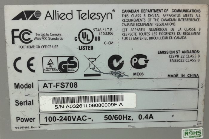 Allied Telesyn Ethernet Network Switch 8-Port AT-FS708 - Image 3