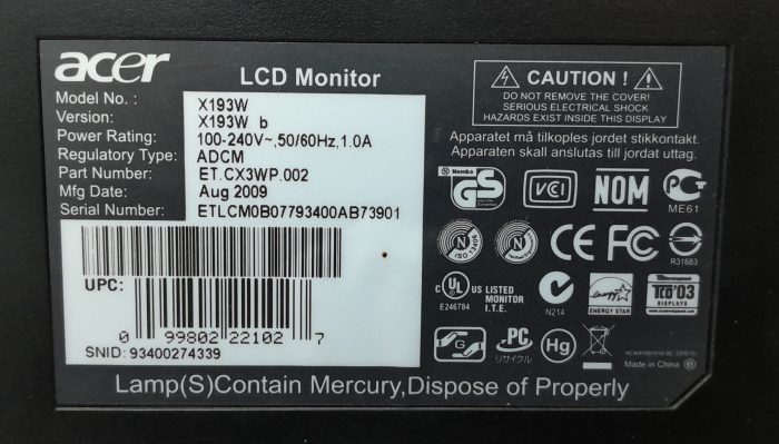 Acer 19" VGA Monitor X193W - Image 3