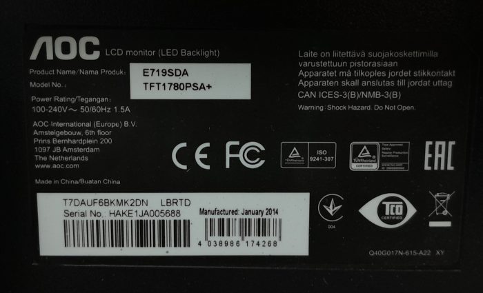 AOC 17" DVI VGA Monitor TFT1780PSA+ (E719SDA) - Image 3