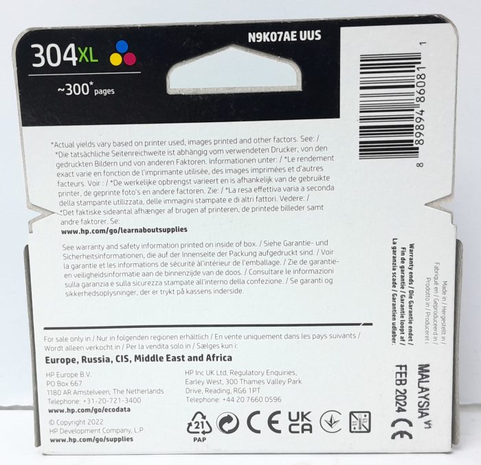 HP Tri-Colour Ink Cartridge N9K07AE - 304XL - Expiry: Feb 2024 - Image 5