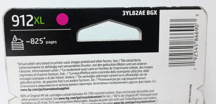 HP Magenta Ink Cartridge 3YL82AE - 912XL - Expiry: Jan 2023 - Image 3