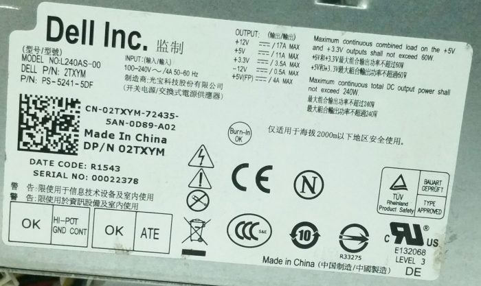 Dell Power Supply Unit (PSU) 240W L240AS-00 - Image 3