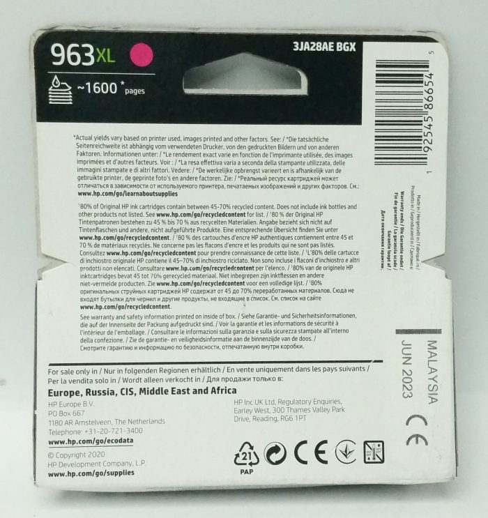 HP Magenta Ink Cartridge 3JA28AE BGX - 963XL - Expiry: June 2023 - Image 4