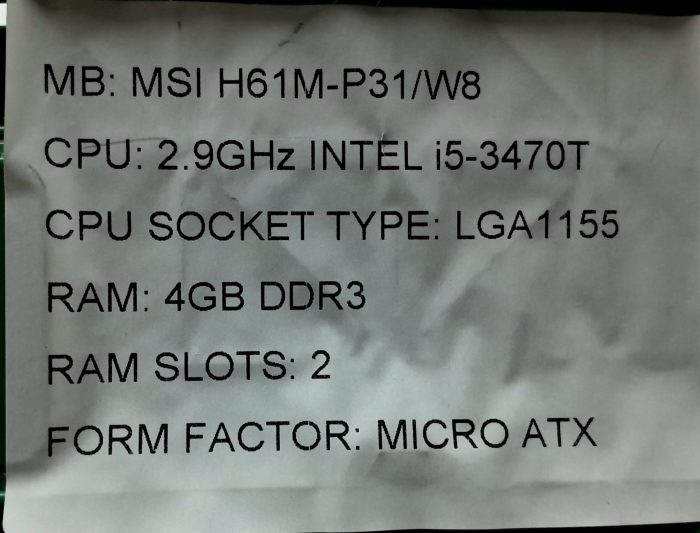 MSI Motherboard Intel i5-3470T With I/O Shield H61M-P31/W8 LGA1155 DDR3 MICRO ATX - Image 3