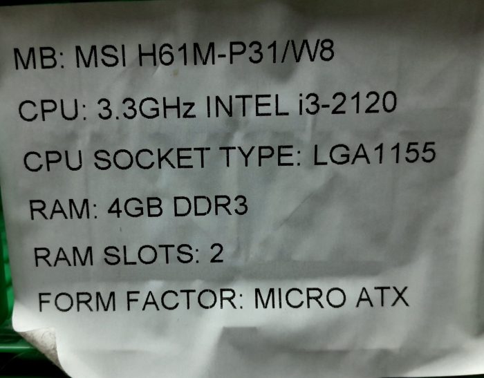 MSI Motherboard Intel i3-2120 With I/O Shield H61M-P31/W8 LGA1155 DDR3 MICRO ATX - Image 3