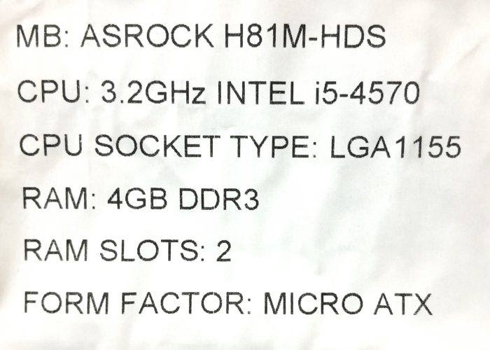 Asrock Motherboard Intel i5-4570 With I/O Shield H81M-HDS LGA1150 DDR3 MICRO ATX - Image 3