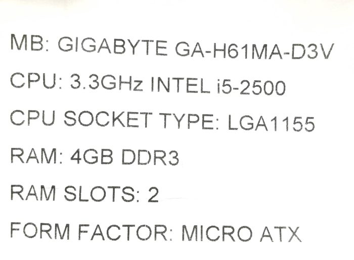 Gigabyte Motherboard Intel i5-2500 With I/O Shield GA-H61MA-D3V LGA1155 DDR3 MICRO ATX - Image 3