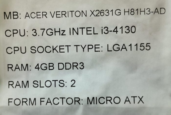 Acer Motherboard Intel i3-4130 With I/O Shield Veriton X2631G H81H3-AD LGA1155 DDR3 MICRO ATX - Image 3