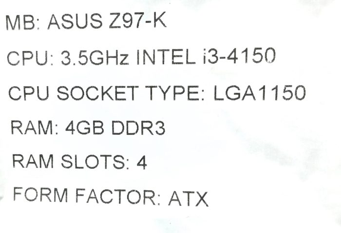Asus Motherboard Intel i3-4150 With I/O Shield Z97-K LGA1150 DDR3 ATX - Image 3