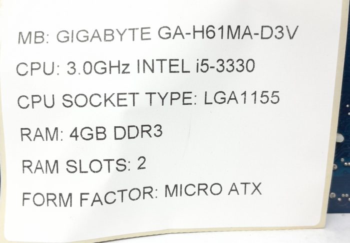 Gigabyte Motherboard Intel i5-3330 With I/O Shield GA-H61MA-D3V LGA1155 DDR3 MICRO ATX - Image 3