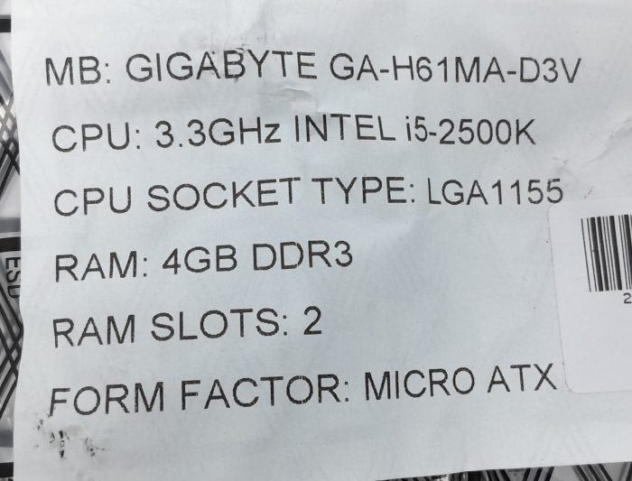 Gigabyte Motherboard Intel i5-2500K With I/O Shield GA-H61MA-D3V LGA1155 DDR3 MICRO ATX - Image 3