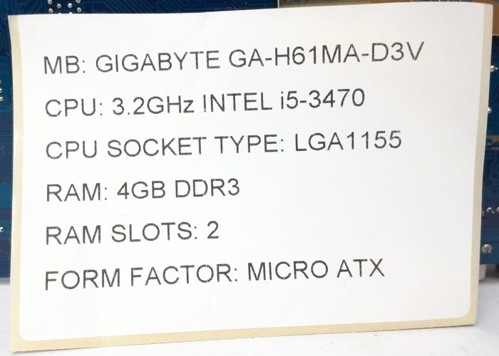 Gigabyte Motherboard Intel i5-3470 With I/O Shield GA-H61MA-D3V LGA1155 DDR3 MICRO ATX - Image 3