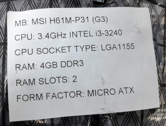 MSI Motherboard Intel i3-3240 With I/O Shield H61M-P31 (G3) LGA1155 DDR3 MICRO ATX - Image 3