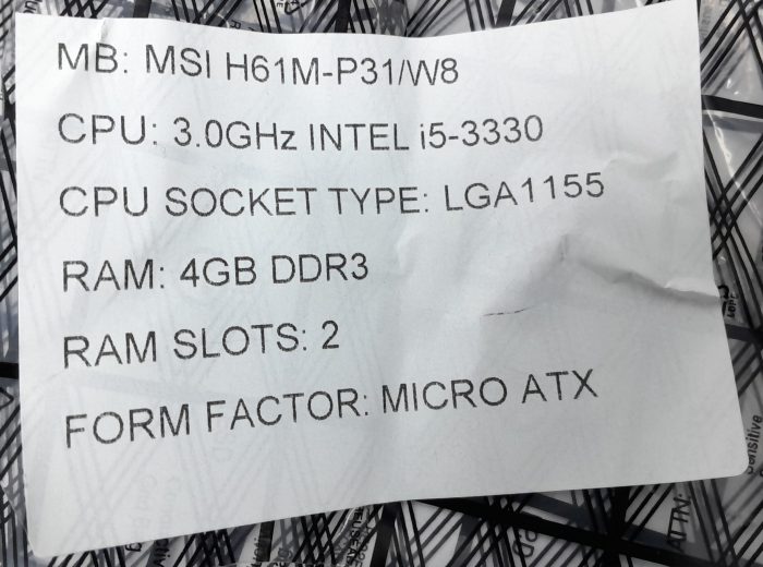 MSI Motherboard Intel i5-3330 With I/O Shield H61M-P31/W8 LGA1155 DDR3 MICRO ATX - Image 3