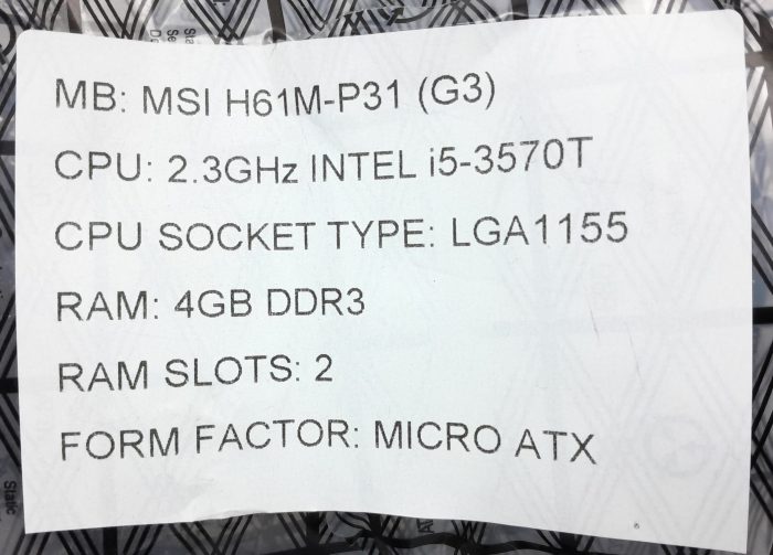 MSI Motherboard Intel i5-3570T With I/O Shield H61M-P31 (G3) LGA1155 DDR3 MICRO ATX - Image 3