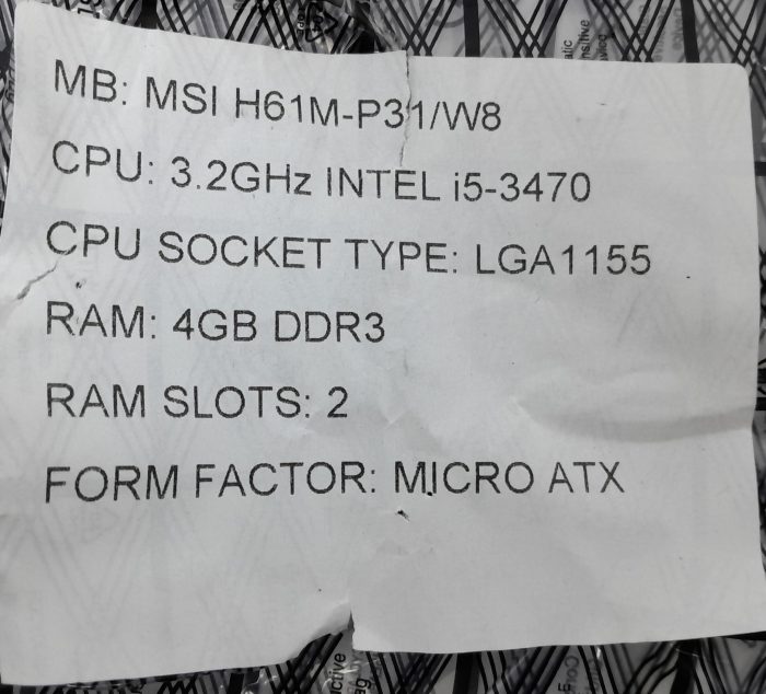 MSI Motherboard Intel i5-3470 With I/O Shield H61M-P31/W8 LGA1155 DDR3 MICRO ATX - Image 3